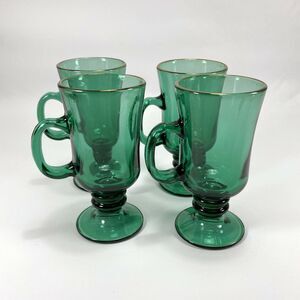 Vintage Libby Pine Green Glass Mugs Gold Trim on Rim Pedestal & Handle 5 3/4"